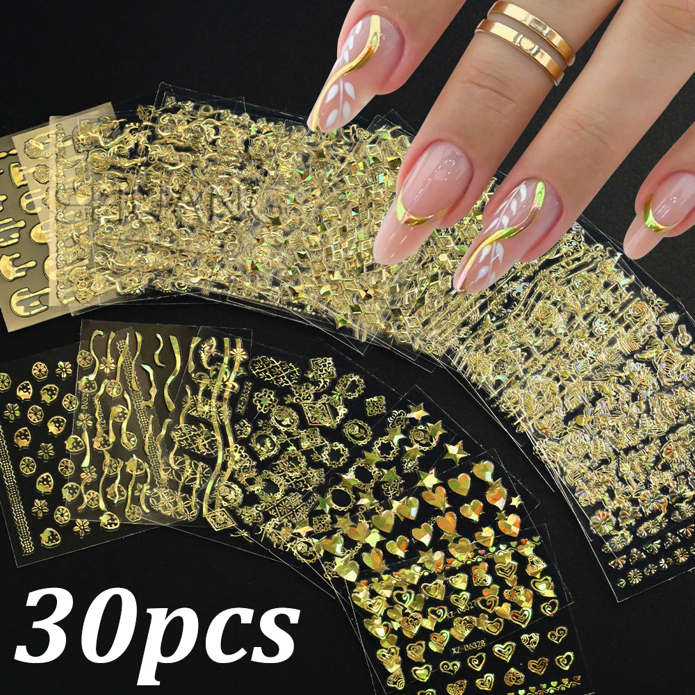 

30Pcs Laser Gold French Heart Flowers Nail Stickers 3D Holographic Star Love Retro Pattern Nail Decals Y2k Bronzing Nail Sticker