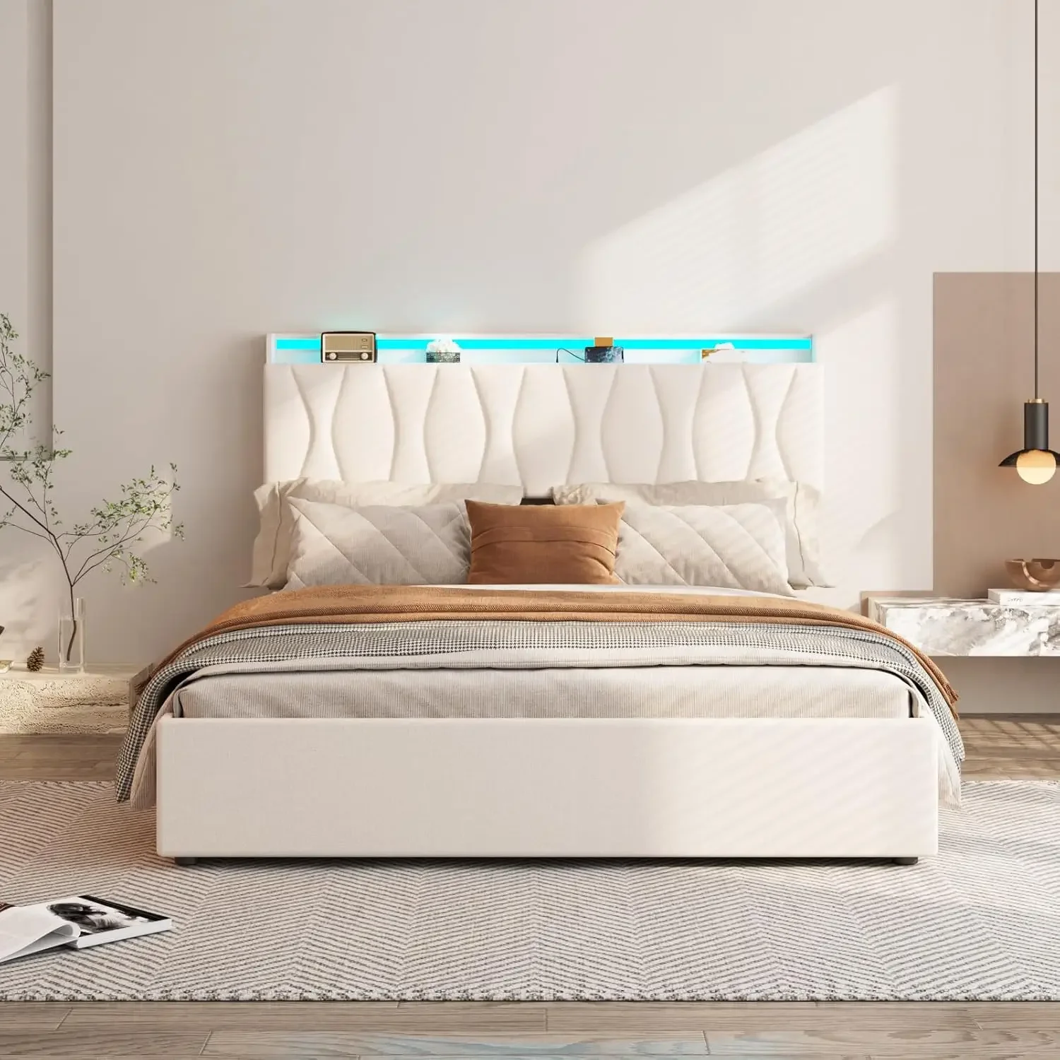 

Lift Up Storage Bed Frame, Height Adjustable Storage Headboard with Charging Station, LED Lights Upholstered Platform Bed