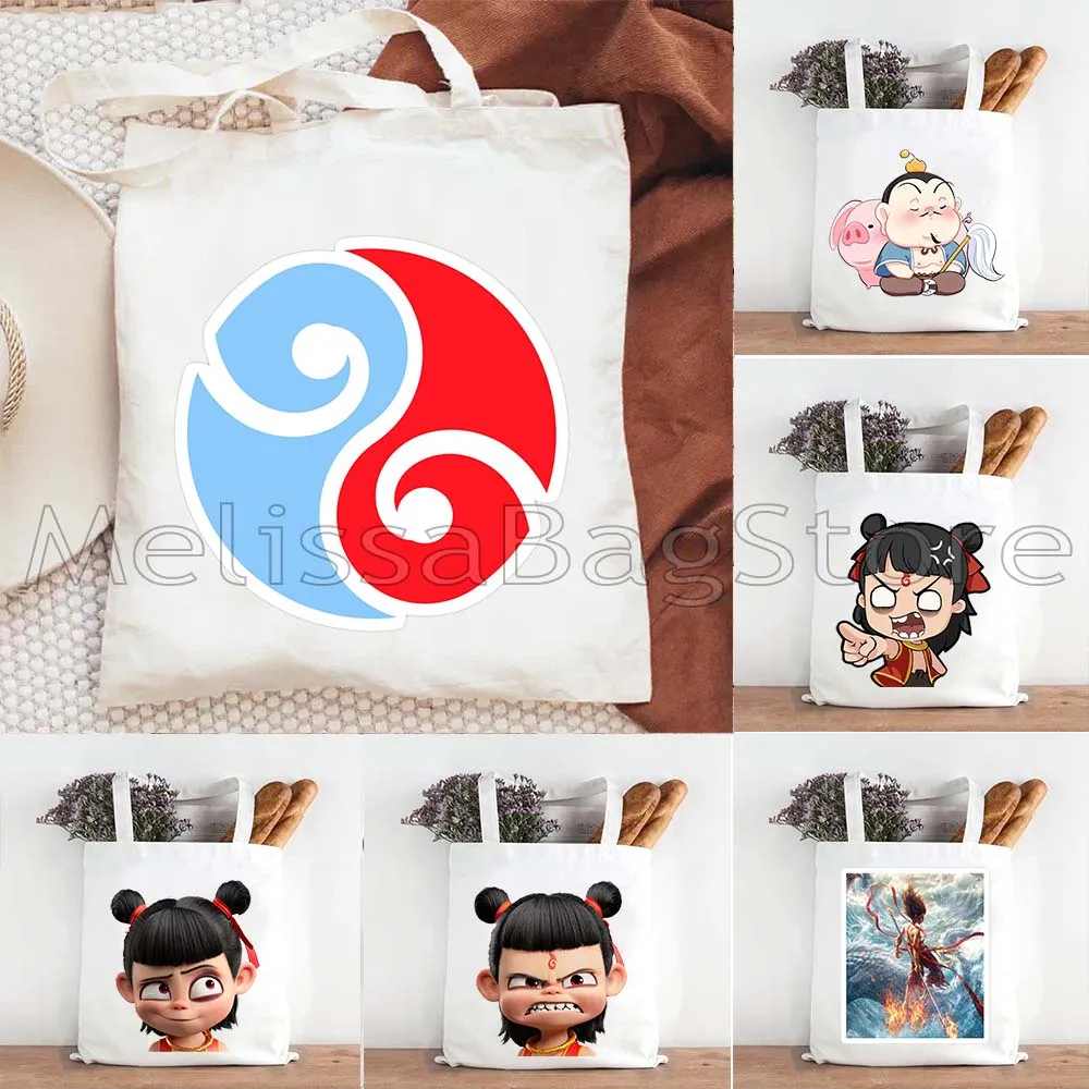 Cute Cartoon Ne Zha Ao Bing The Demon Boy Chinese Anime Bags Women Aesthetic Shopper Bag Girl Handbags Totes Shoulder Canvas Bag