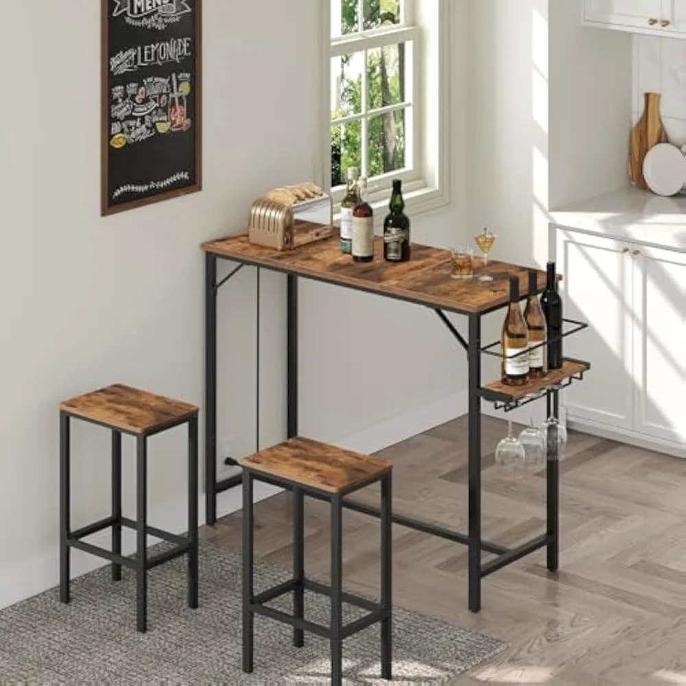 

Bar Table, 35.4-Inch Counter Height Pub Table with Charging Station, Rectangular Dining Table with Wine Rack and Glass Holder, H