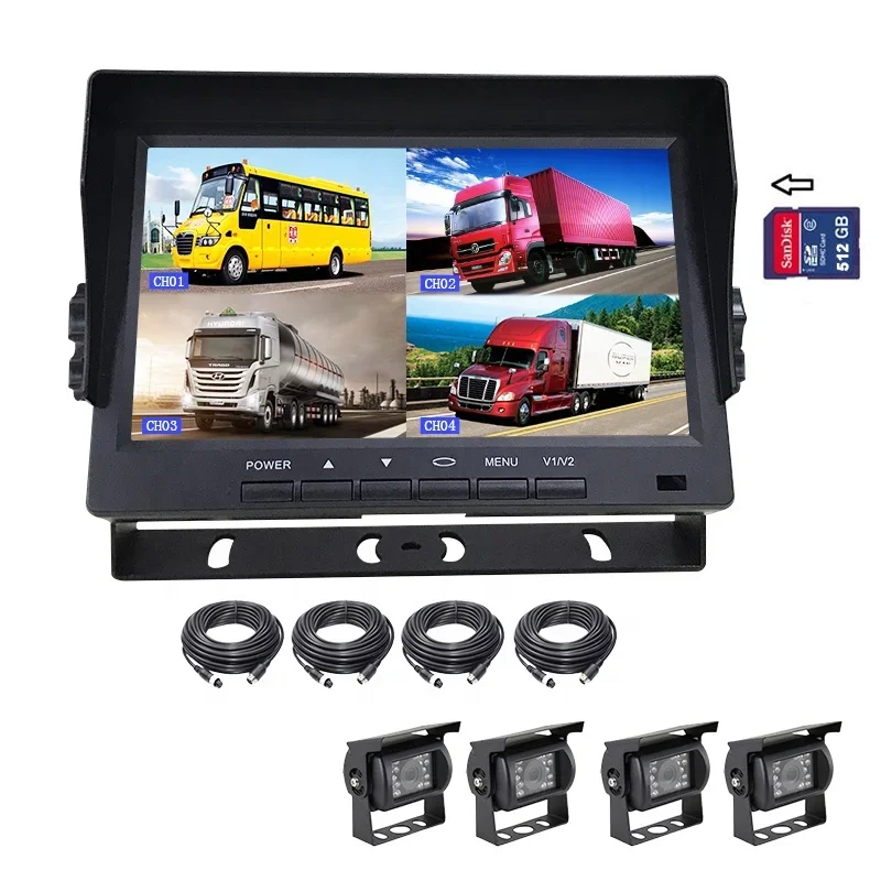 Hot selling 7 inch  Quad Split Monitor Built in AHD DVR 4 Channels Car Reversing aid  Monitor Video Recording all in one