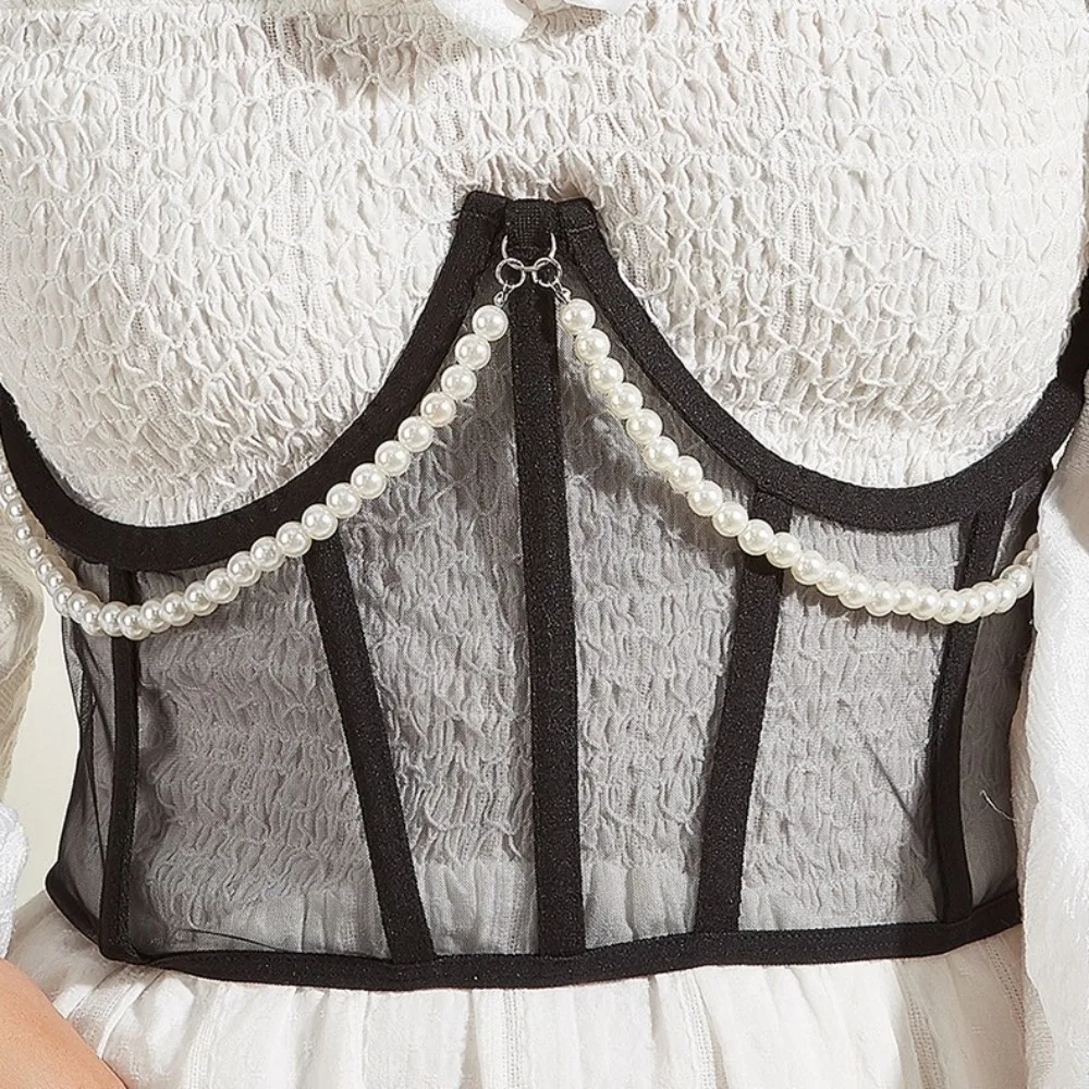 Pearl Chain Mesh Cummerbunds Bustiers Tied Transparent Female Waistband Dress Girdle High Waist Wide Waist Belt
