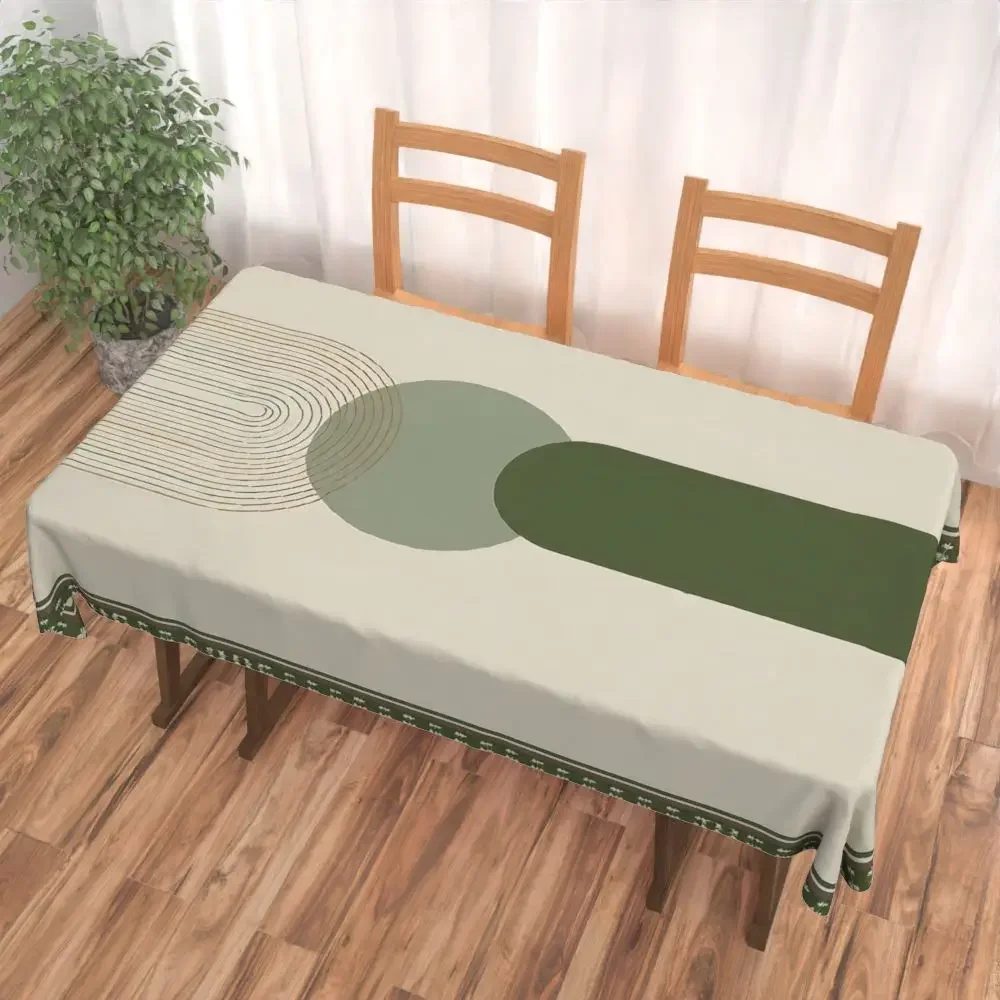 Bohemian-style abstract geometric tablecloth with green and beige simple line artistic patternsxzj