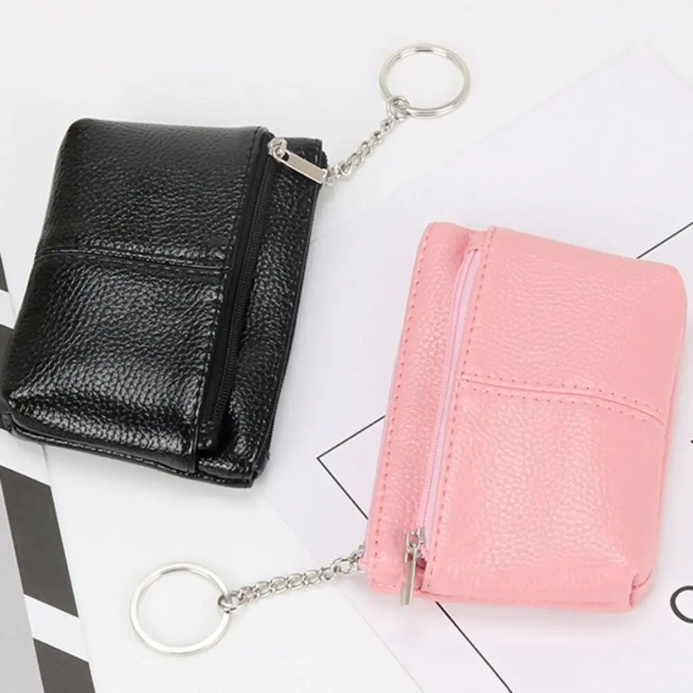 Double Layer Short Zipper Coin Purse Pure Color Waterproof Small PU Leather Wallet Money Bag With Keychain ID Credit Card Holder