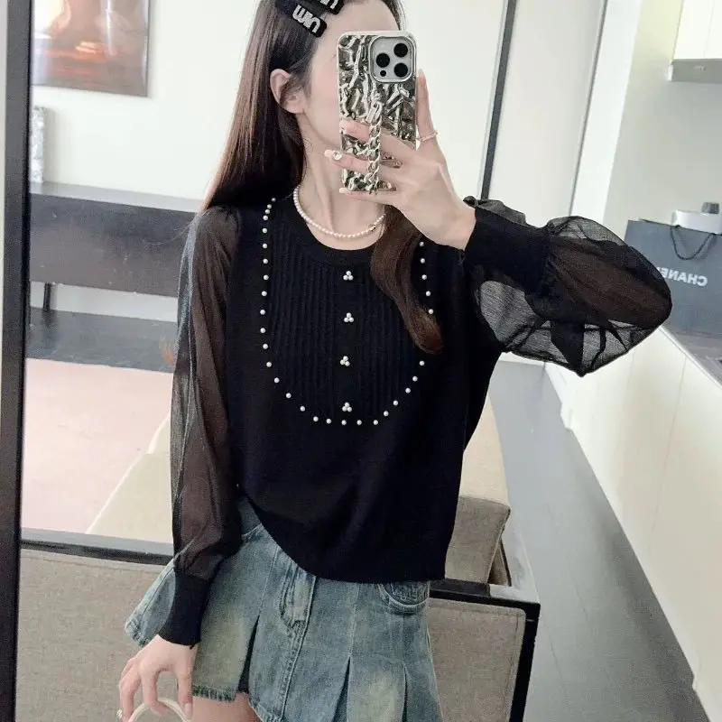 เสื้อสเวตเตอร์ผ้าชีฟองแต่งลูกปัด แขนยาว สำหรับผู้หญิง สไตล์ใหม่ล่าสุดสำหรับฤดูใบไม้ผลิและฤดูใบไม้ร่วง เสื้อทรงเข้ารูปสวยเก๋