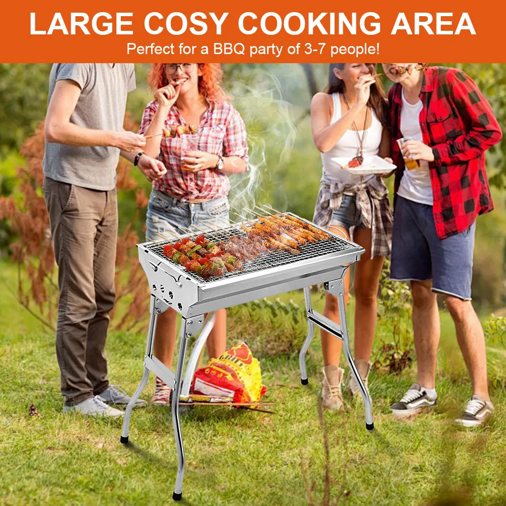 

Portable Barbecue Grill Stainless Steel Camping Stove with Stand Multi-Function Charcoal BBQ Grill for Outdoor Camping Picnic