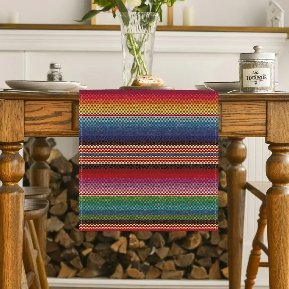 Mexican Colorful Stripes Serape Linen Table Runner Dresser Scarves Dia De Los Muertos Fiesta Kitchen Table Runner Party Decor