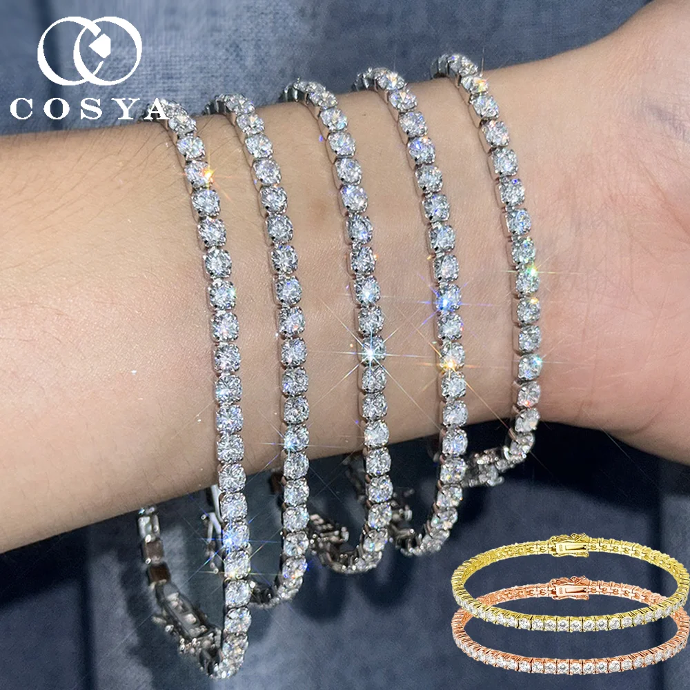 COSYA Real 3/4/5mm Moissanite Tennis Bracelets for Women S925 Silver 18K Gold Certified Eternity Wrist Chain Fine Jewelry Gift