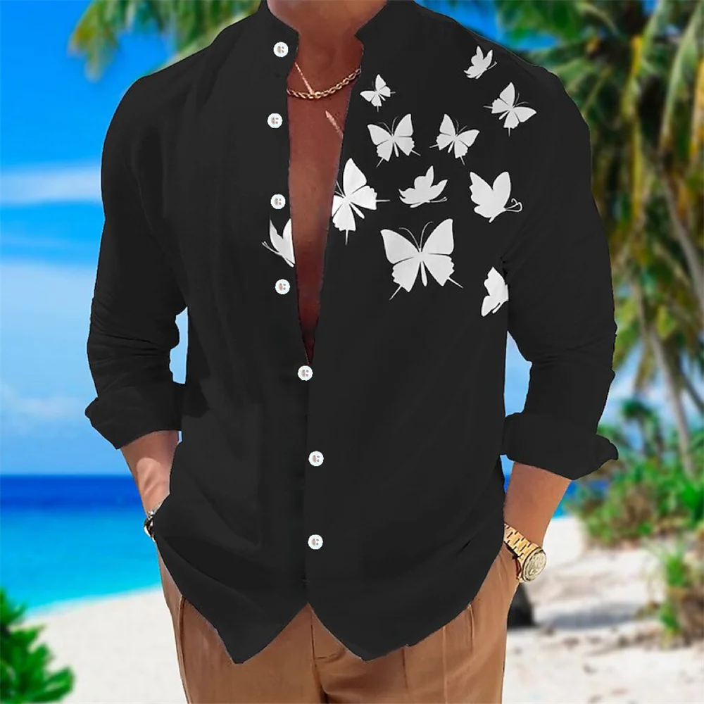 Men's Classic Butterfly Print Long Sleeved Cardigan Button up Shirt Stand up Collar Hawaiian Casual Breathable plus Size