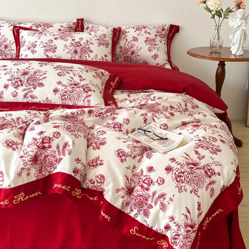 

Red Rose Print Bedding Set 4pcs Polyester/Cotton Embroidered Solid Duvet Cover Bedspread Sheet Pillow Shams Queen King Size