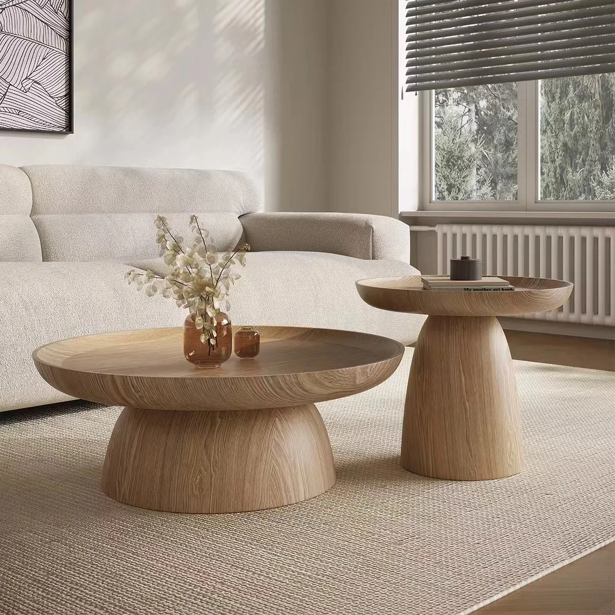 

Tide leader wabi-sabi wind round living room coffee table combination high-end atmosphere medieval new solid wood coffee table