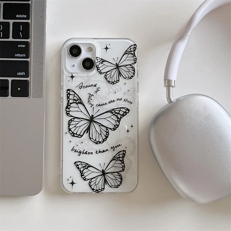 For iPhone 14Promax 2023 New Ins Net Red Cool Style Black and White Butterfly Phone Hard Case 14Pro 13Promax 12 11