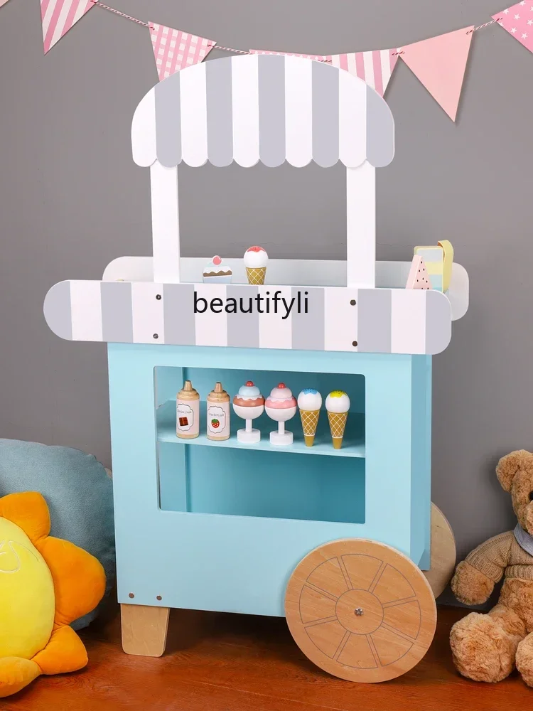 Carro de helado de simulación de madera para niña, carrito de cocina, carrito de helado, juguetes para niños
