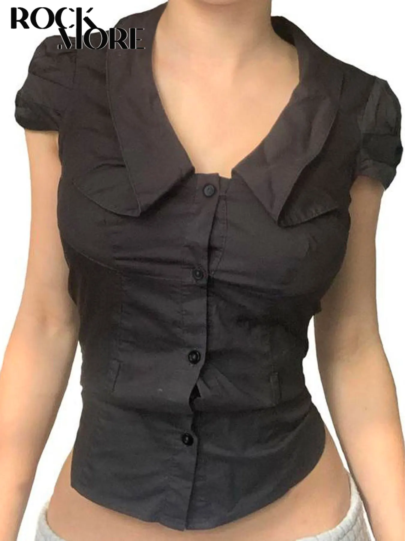 Rockmoer Fashion Black Wrinkles Blouse Streetwear Short Sleeve Shirts New Buttons Up Lapel Collar Shirts Women Korean Casual Top