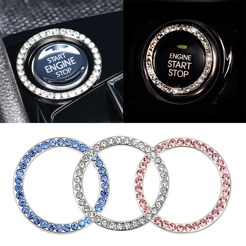 Car Key Start Button Decoration Ring Diamond Rhinestone Circle Engine One Click Start Stop Switch Ring Interior Parts For SUV