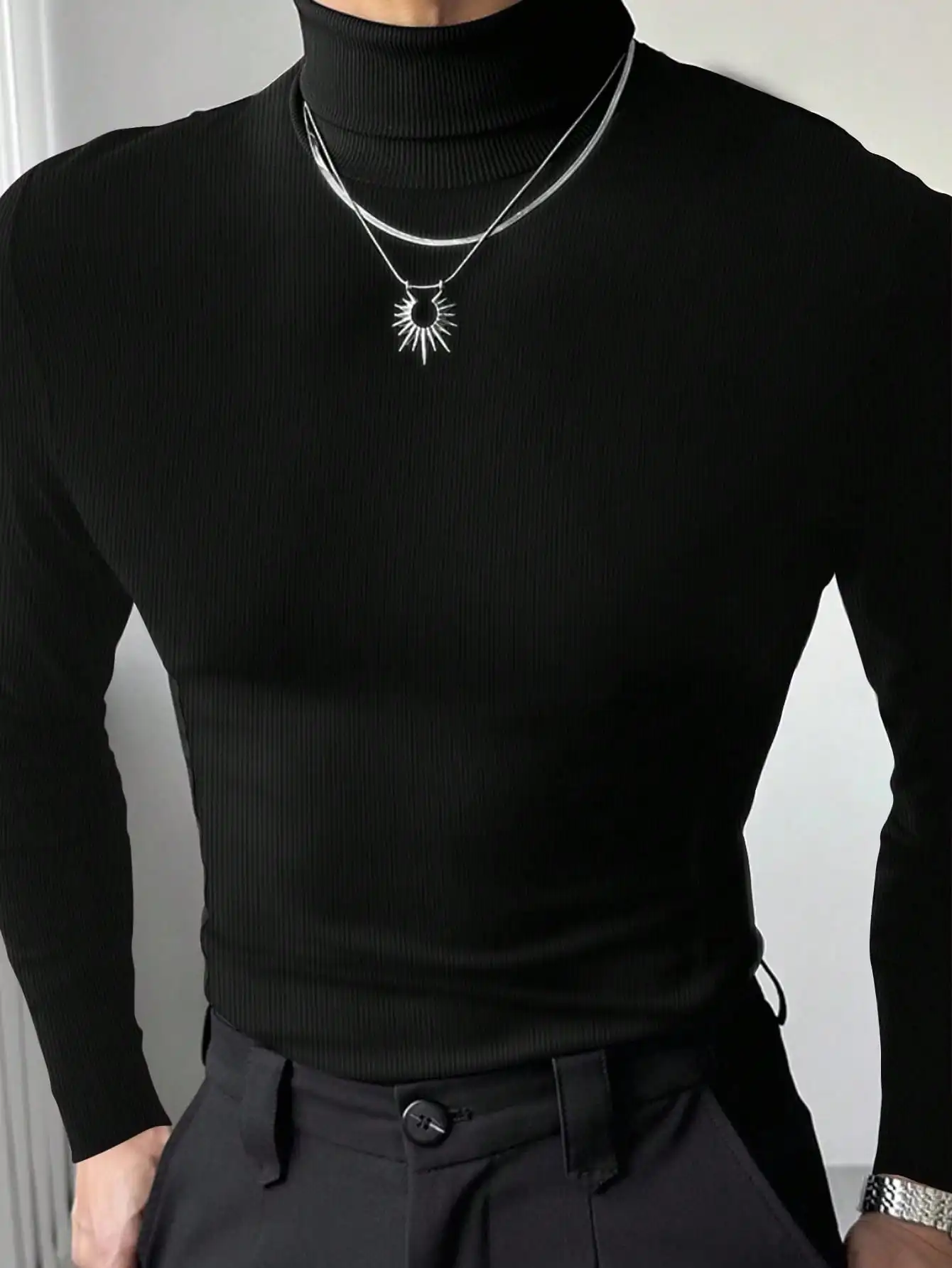 

Men's Solid Black Ribbed Turtleneck Slim Fit Long Sleeve Pullover for Autumn Winter