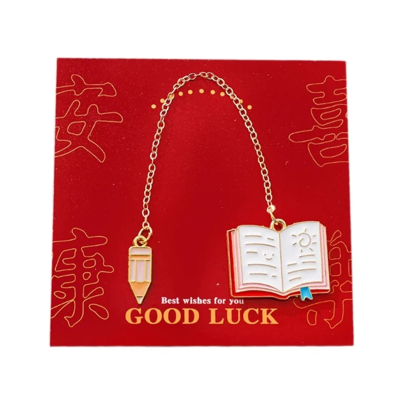 Q6PA Decorative Metal Page Marker with Pencil Charm and School-Themed Pendant for Journals, Study Pages and Book Lovers Gift