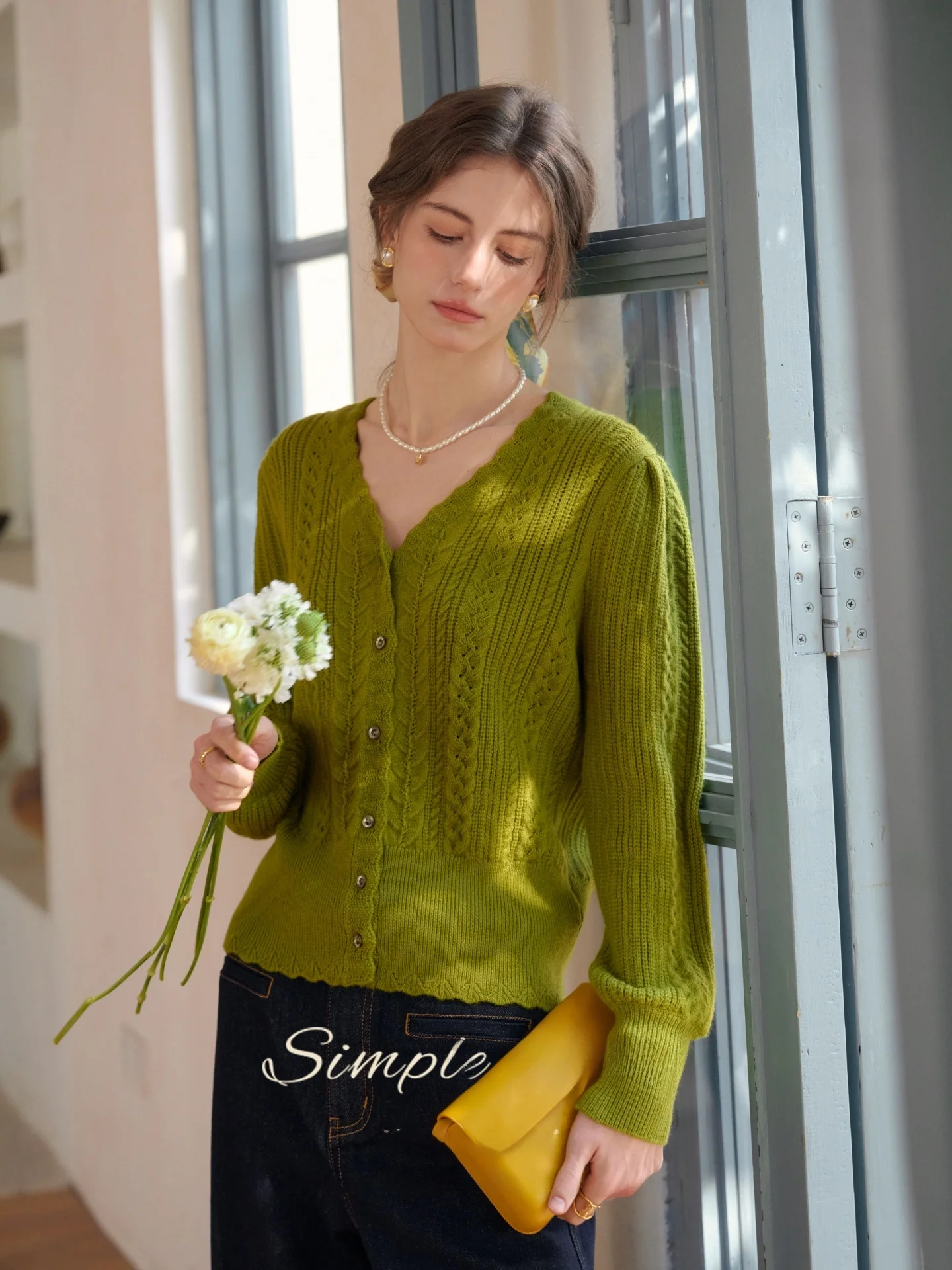 

Мягкий вязаный кардиган из шерстяной смеси в стиле ретро с объемными рукавами, женский свитер с узором косы, французский стиль, приталенный крой, для повседневной носки