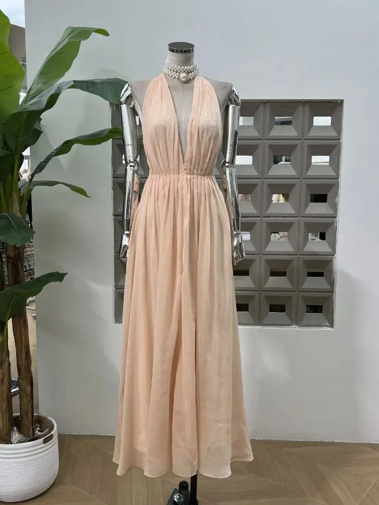 

Summer Sexy Deep V Neck Backless Pleated Long Dress Women Sleeveless Halter Lace-up Folds Dresses Beach Party Cocktail 2025 New