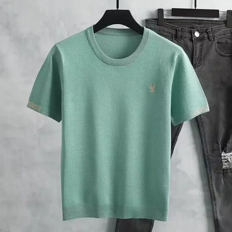 Luxury Summer Men's Clothing Embroidery Knitted Sweater O-neck Short Sleeve Tops Business Casual Brand Pullover Knitwear Trendy
