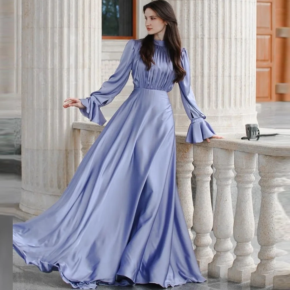 Carolina High Neck Evening Dresses Women Saudi Arabia Bell Sleeves Silk Satin A-Line Wedding Guest Elegant Formal Party Gowns