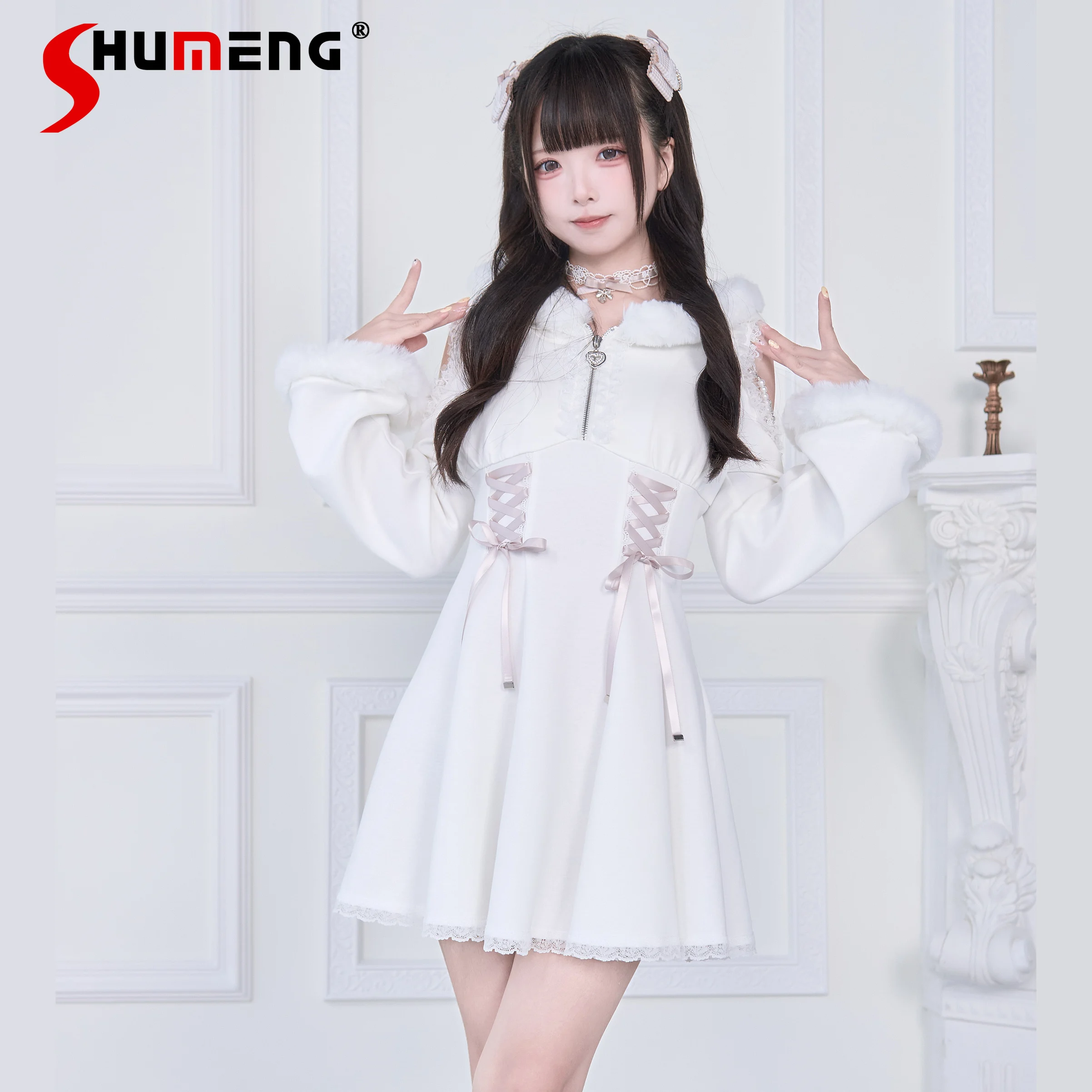 

2025 New Mine Mass-Produced White Sweet Lolita Long-Sleeve Dress Spring and Autumn Girls' Cute Plush Off-Shoulder Princess Dress