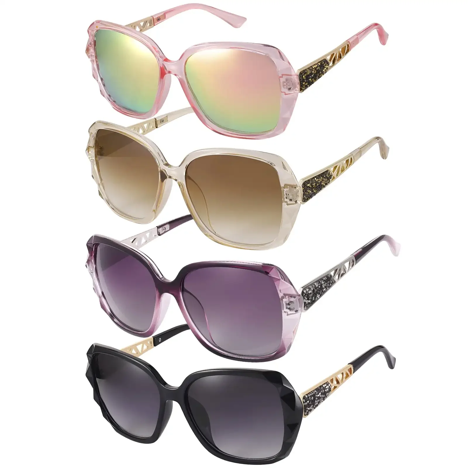 Bocaoying 4 Pairs Women Polarized Sunglasses, Oversized UV 400 Protection Sun Glasses with 4 Colors, Fashion Ladies Large Sunglasses Trendy with Shiny Rhinestone