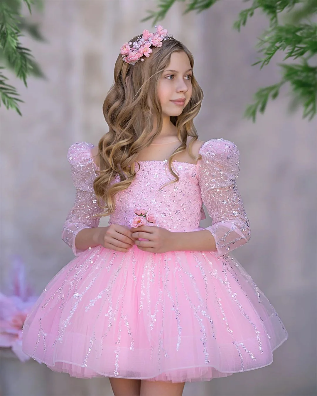 Princess Pink Flower Girl Dress For Wedding Sequins Tulle Full Sleeve Puffy Kids Birthday First Communion Ball Gowns For Girls