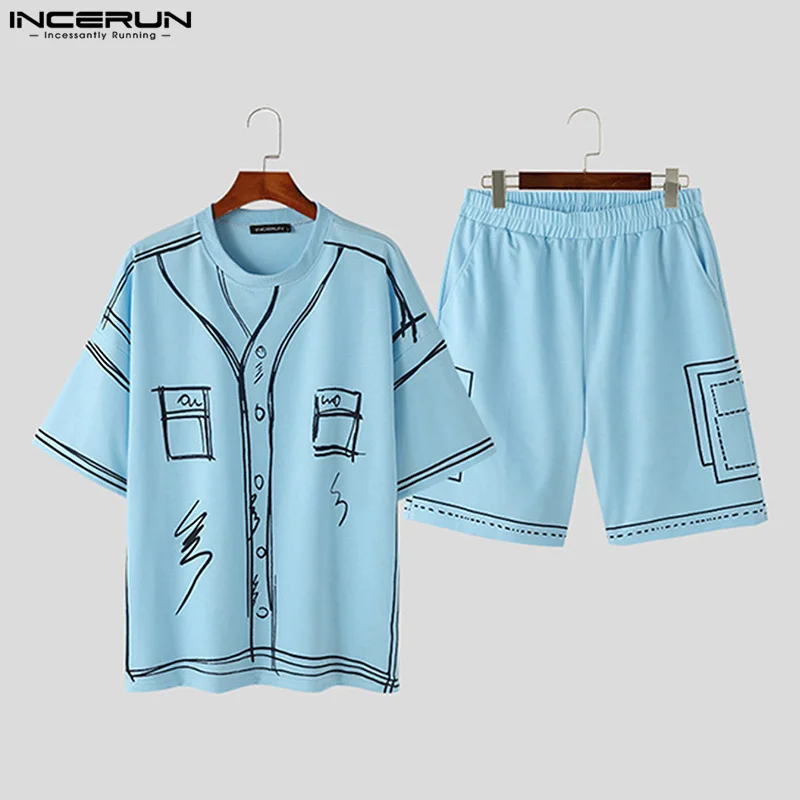 INCERUN 2024 Korean Style Mens Fashion Sets Medium Sleeved T-shirts Shorts Male Personality Graffiti Design Two-piece Sets S-5XL