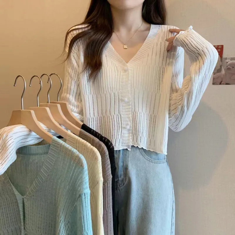 Cardigan Women Hollow Out Cropped Summer Breathable Casual Solid Soft Ulzzang Female All-match Hot Sale Loose Sweater NS5635