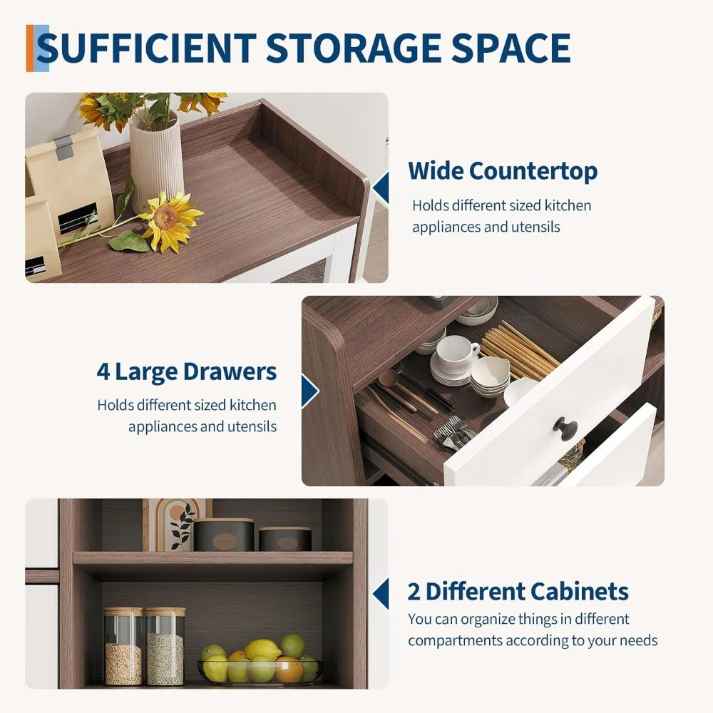 خزانة مع مساحة تخزين، 55.1 طاولة بار قهوة جانبية للمزرعة، مع 4 أرفف قابلة للتعديل، بابين زجاجيين، 4 أدراج، مود