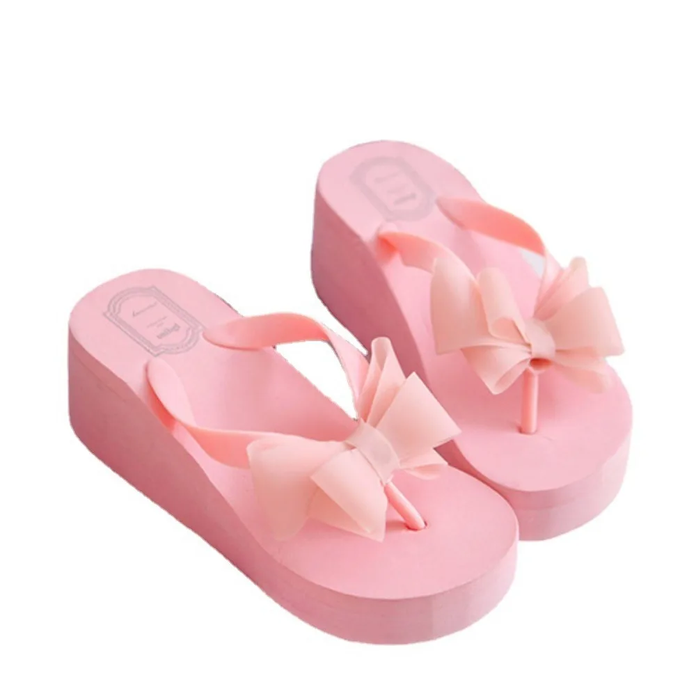 Summer Slippers Outdoor Bow Slope Heel Flip Flops Women\'s Thick Sole Sandals High Heel Beach Shoes Dames Muiltjes Chanclas 5.5cm