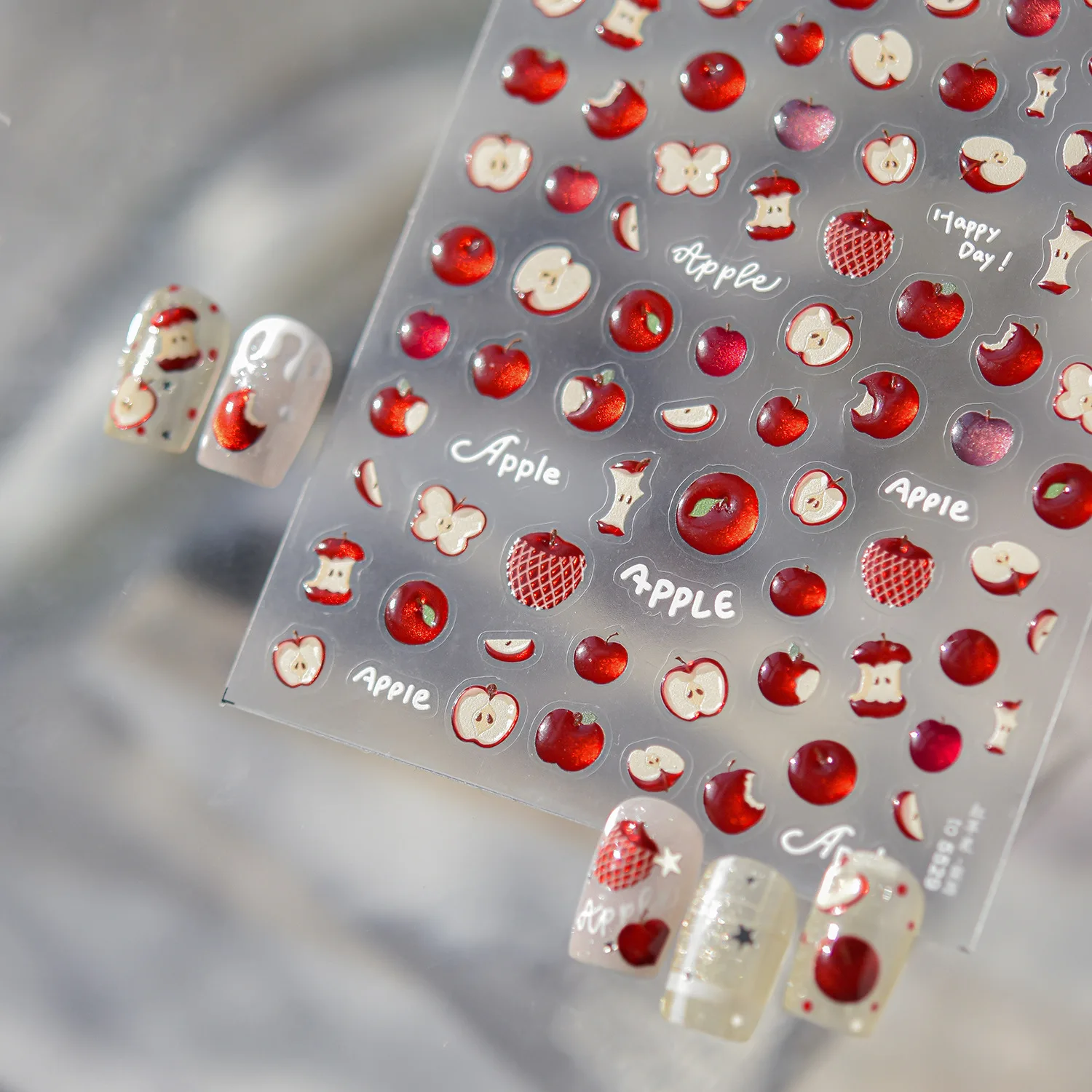 5D Frucht-Nagelkunst-Aufkleber Vintage Gelee Rot Grün Apfelscheibe Kern Netzgitter-Muster Selbstklebende Nagelkunst-Sticker Frische Früchte