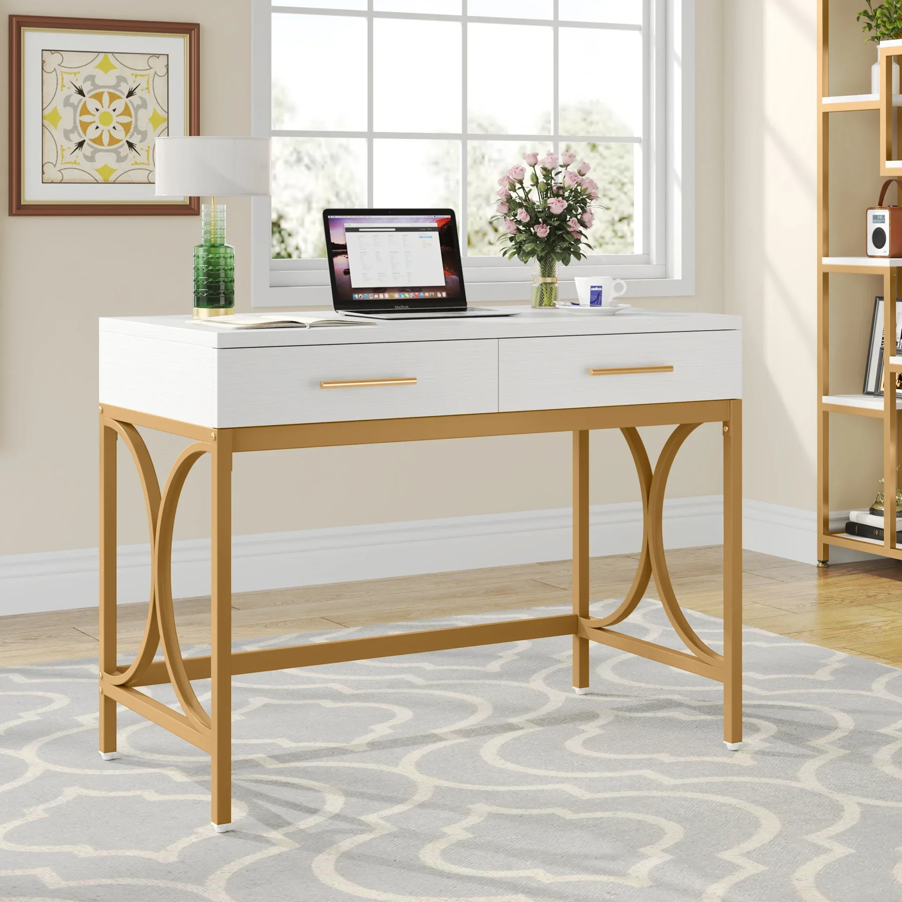 

Tribesigns 41" Gold Computer Desk with 2 Drawers, Writing Office Desk Modern Makeup Vanity Table Office Desk with Geometric Meta