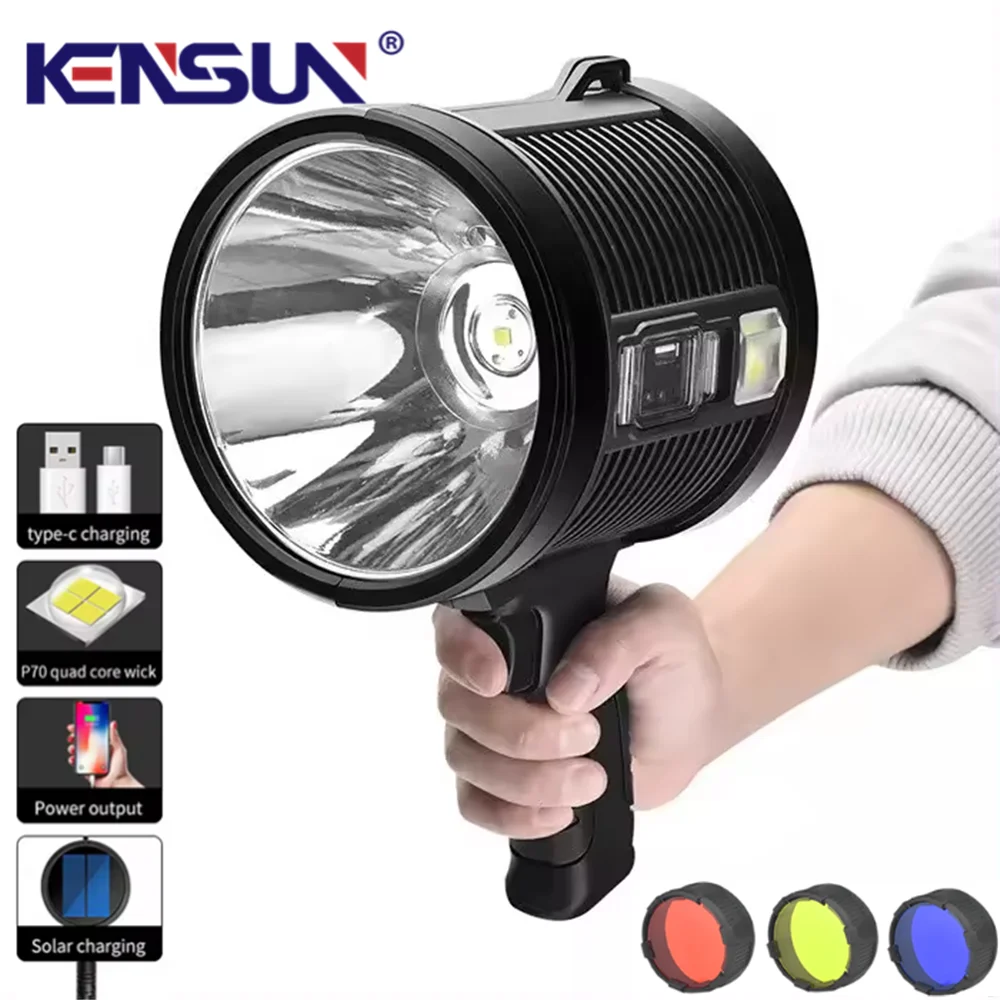 Powerful LED Flashlight Searchlight With COB Side Lamp Spotlight Long Range Finder Solar USB Rechargeable For Hunting