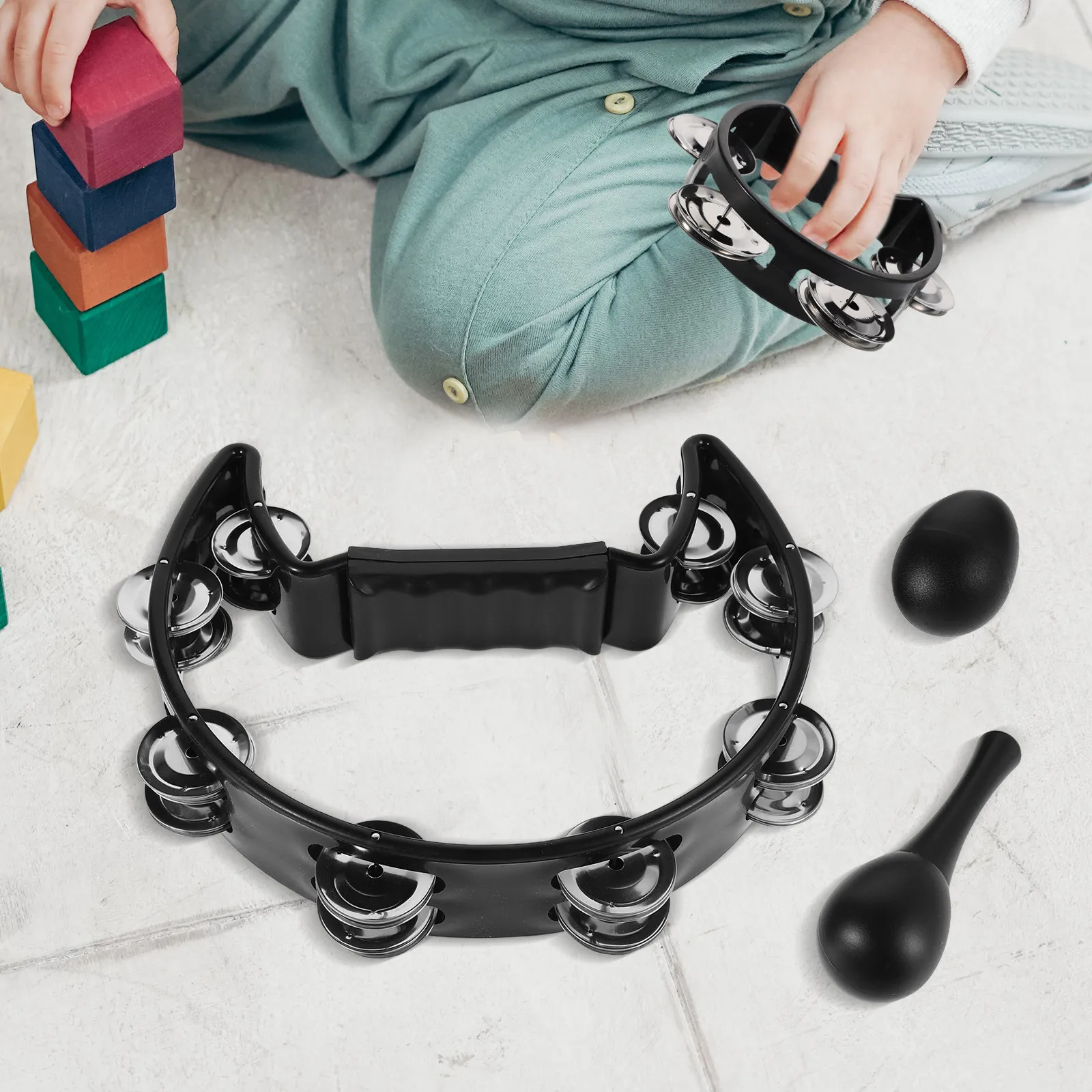 

1Set Percussion Set Black for Single Row Tambourine Maracas Egg Shakers Ankle Bells Musical Instrument