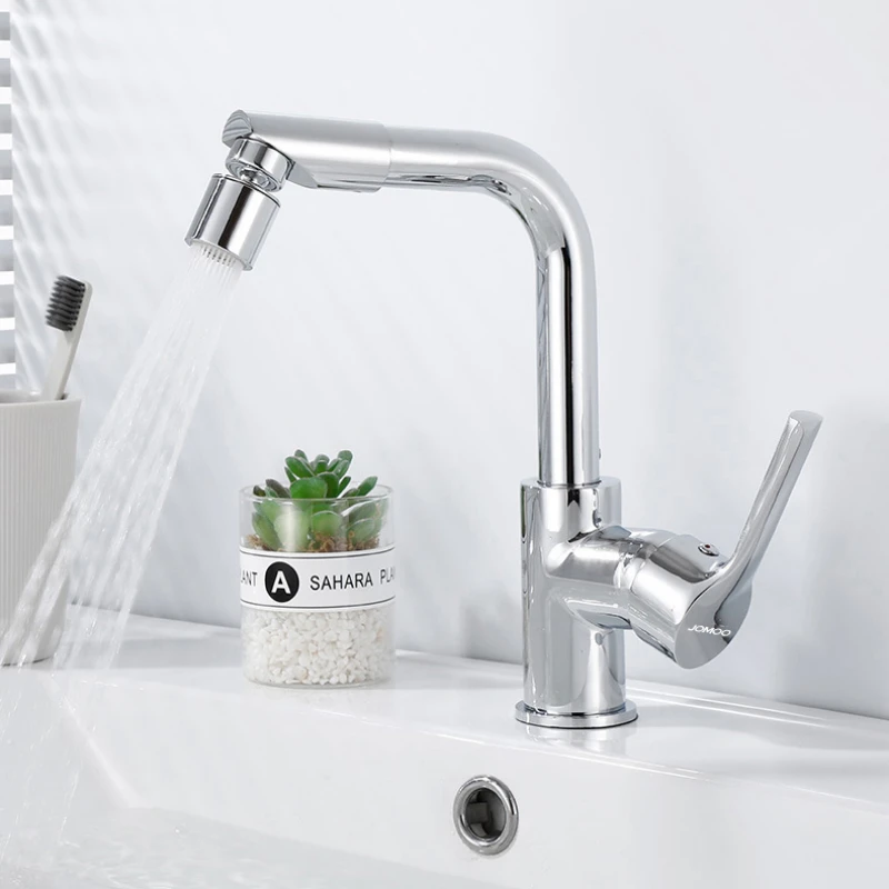 Chrome Basin Faucet Deck-Mounted 360° Rotation Mixer Tap Single Handle Bathroom Crane Hot and Cold Water