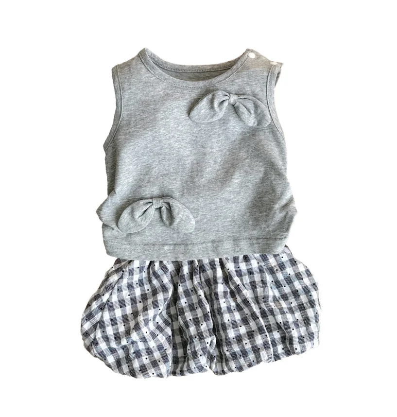 Baby Girls Summer Breathable 2Pcs Set Sleeveless Bow Tank Top Plaid Dot Bubble Skirt Toddler Casual Daily Outfits