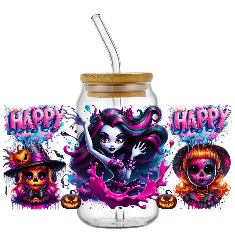 Halloween Gothic Witch UV DTF Cup Wrap, Splash Ink Bat Pumpkin Black Cat Waterproof Transfer Decals for 16oz Libbey Glass Can