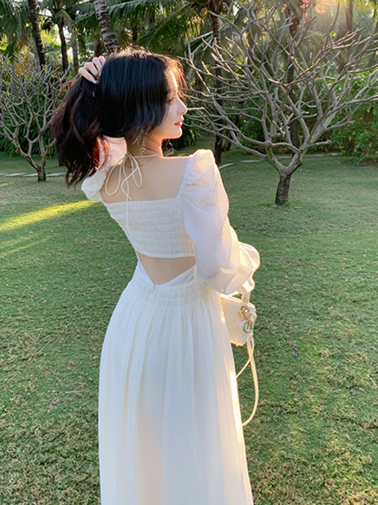 Women Elegant White Midi Dresses Summer Autumn New Backless Holiday Party Prom Long Sleeve Vestidos Korean Female Robe