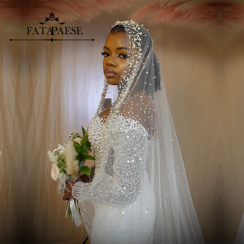 FATAPAESE Luxury Dubai Wedding Dress Featured Pearl Stones Bodice V-Neckline Fully Sewing- Beading Long Sleeve Floor-length Gown