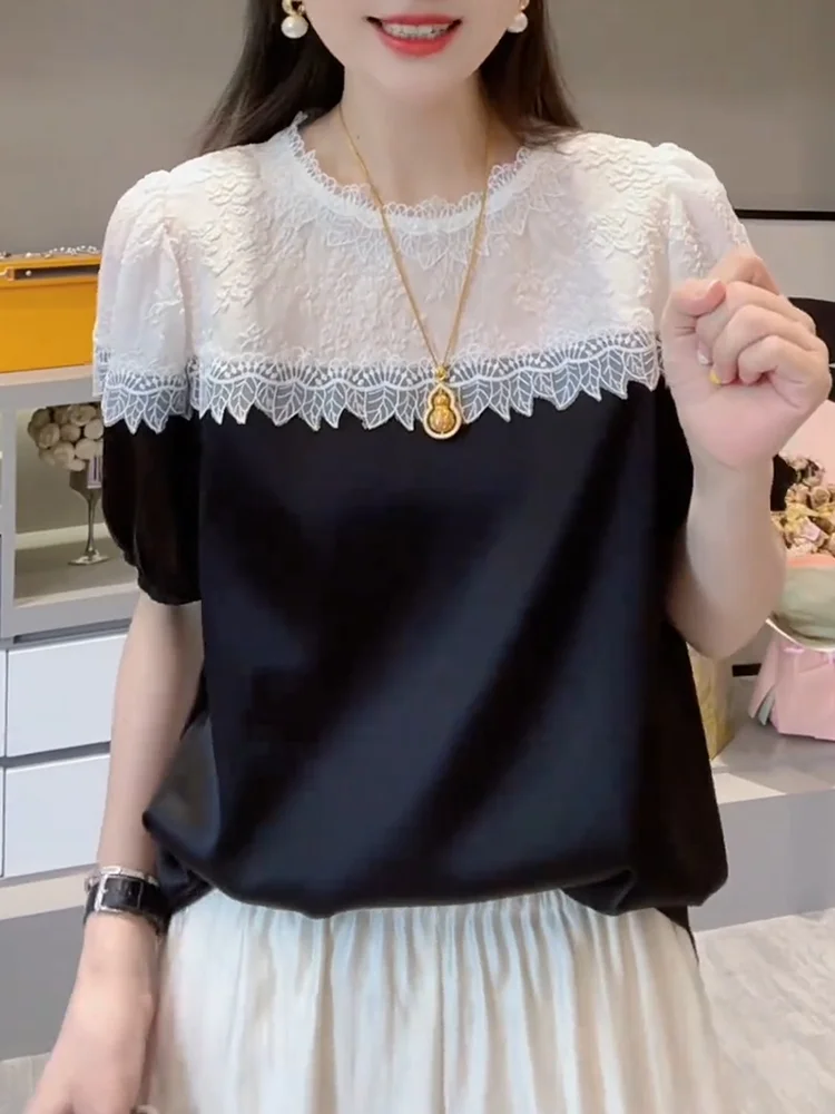 

Faionable Lace Splice ort Sve Top Large Size Summer New Sle Versatile Korean Version Loose Fit round Ne T-irt