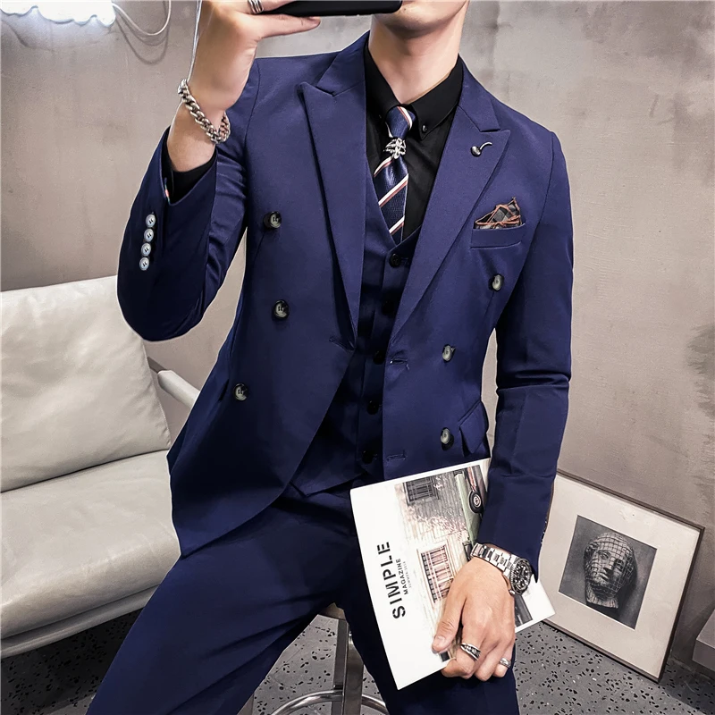 Blazer Vest Pants High-end Boutique Fashion Solid Color Casual Business Office Men\'s Double-breasted Suit Wedding Dress Party