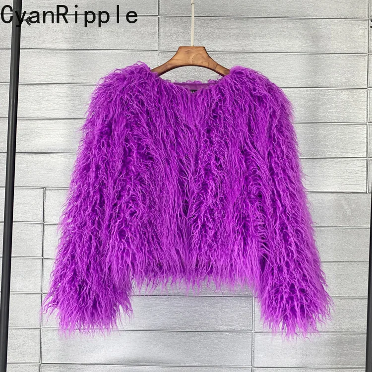 Fashionable Candy Color Women Winter Fur Jacket Round Neck Loose Cardigans Top Large Size Long Sleeve Faux Fur Female Overcoat