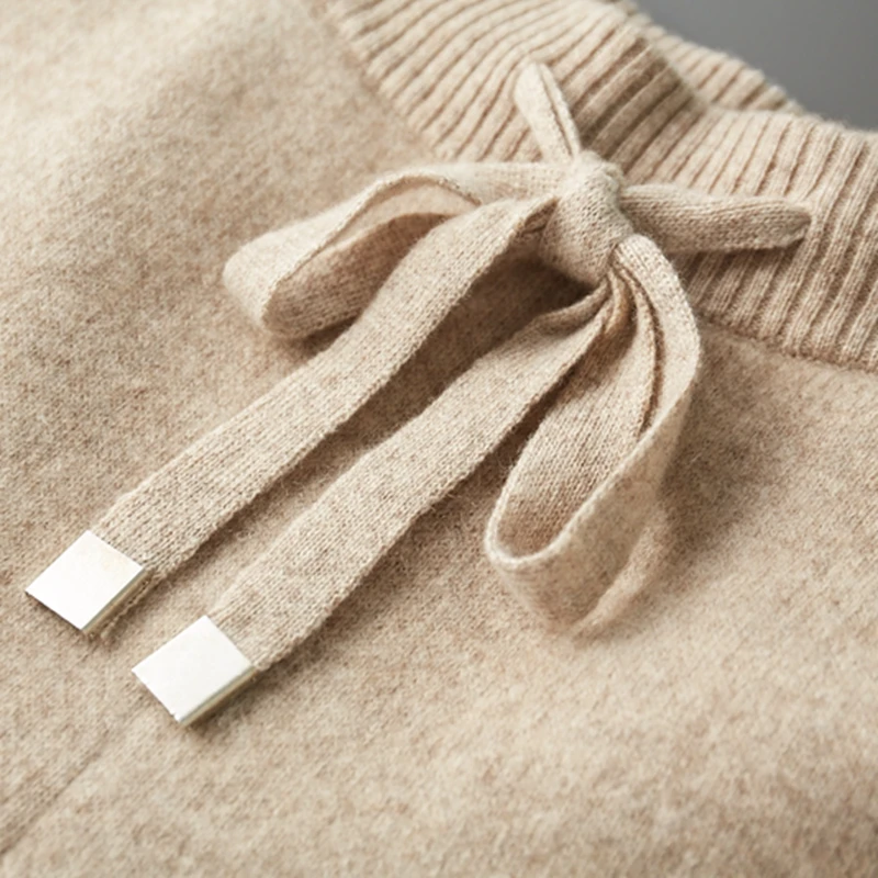 100% Cashmere Suit Men Hooded Zipper Cardigan Autumn Winter Knitted Two-Piece High Waist Trousers Fashion Solid Color Sweater