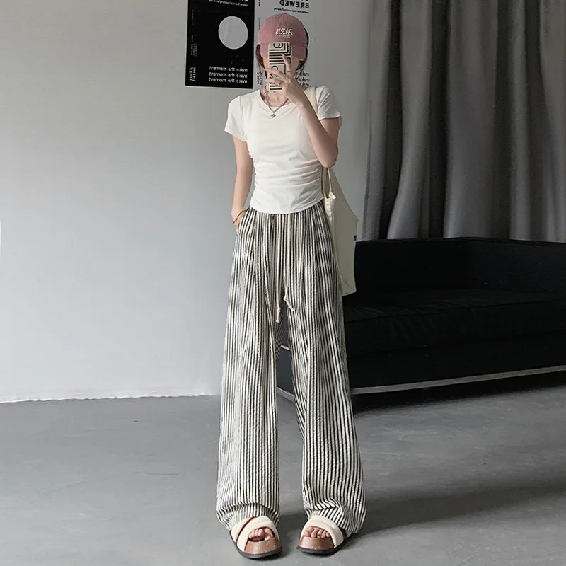 XIZOU Trendy Lazy Sle Striped Drapey Casual Pants Women High Waist Versatile Thin Straight Long Summer Pants Commute Wide Leg