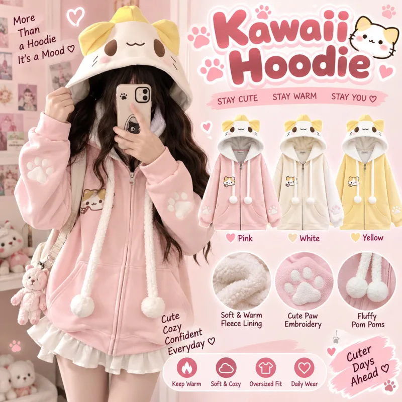 Kawaii Harajuku Jacket Cat Ear Hoodie Women Cute Plush Pom Pom Sweatshirt Pink Loose Zip Up Streetwear Spring, Autumn Top Gift