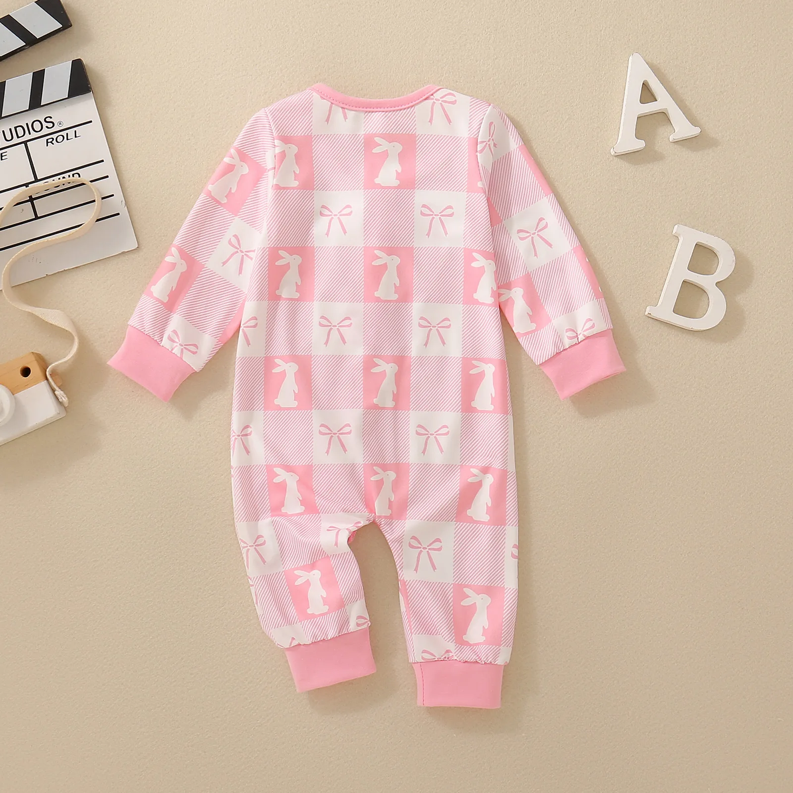Summer neutral baby hot pink sky blue rabbit bow print onesie