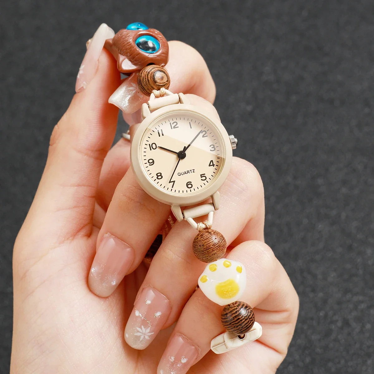 Fashion Round Dial Women Quartz Watch Lovely Beaded Bracelet Strap Wristwatches Relogio Feminino Girls Clock Gift (Without Box)