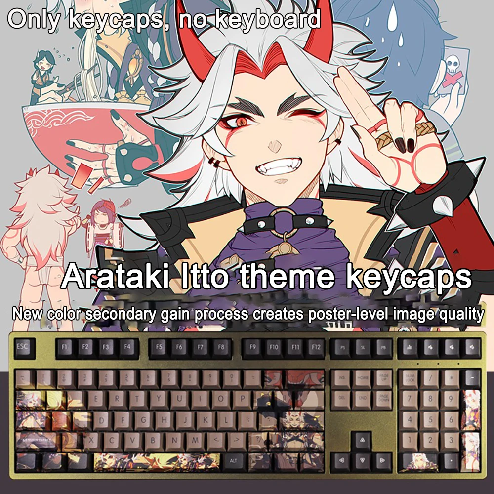 

108 Keys Genshin Impact Keycaps Arataki Itto PBT Dye Subbed Cherry Backlit Keycap Anime Gaming Key For ANSI 61 87 104 108 Layout